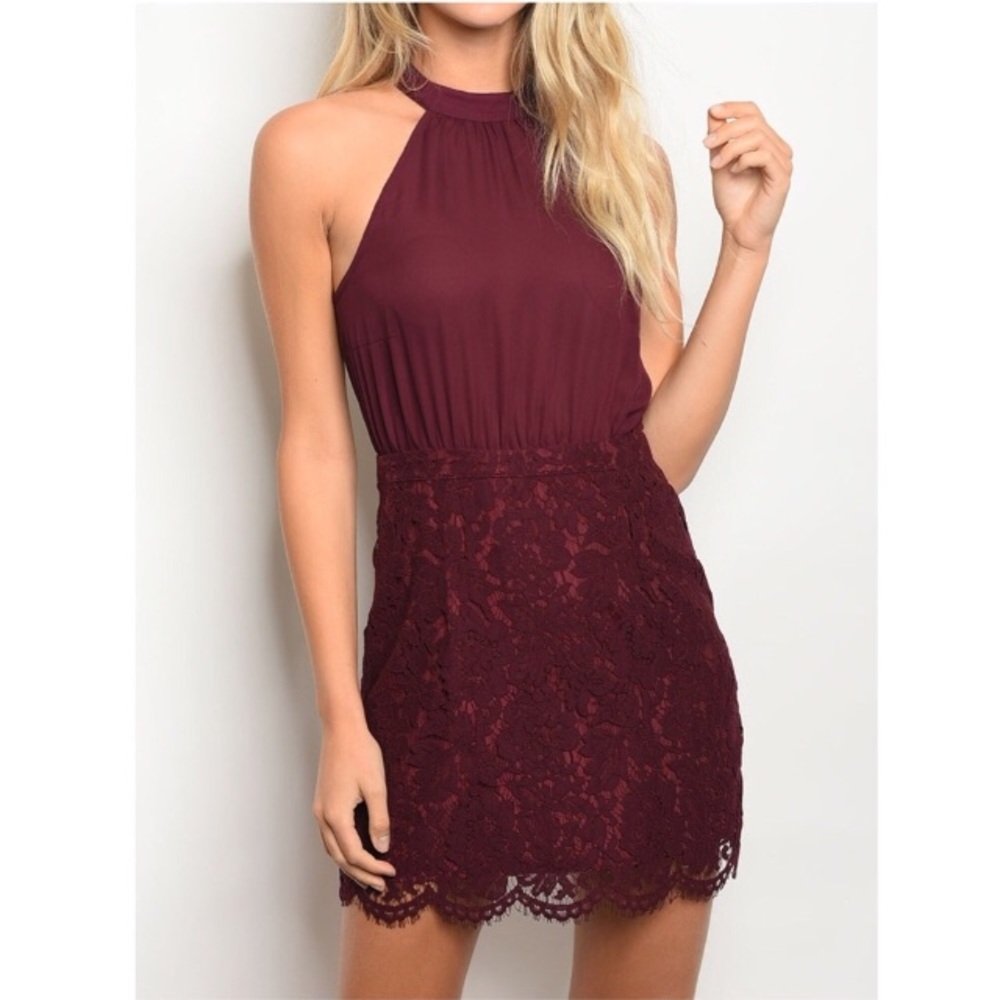 🆕 Wine lace detailed fitted dress